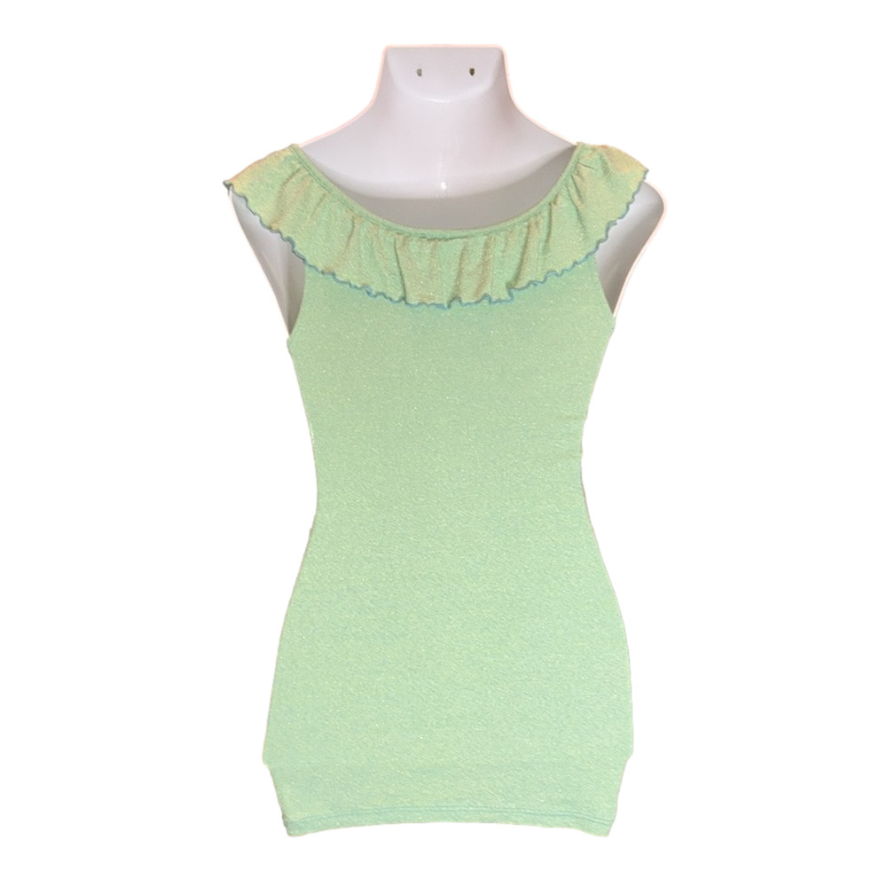 MICHAEL STARS Lime Green w/ Metallic Gold Thread & Blue Trim Ruffle Tank Top - Picture 5 of 10